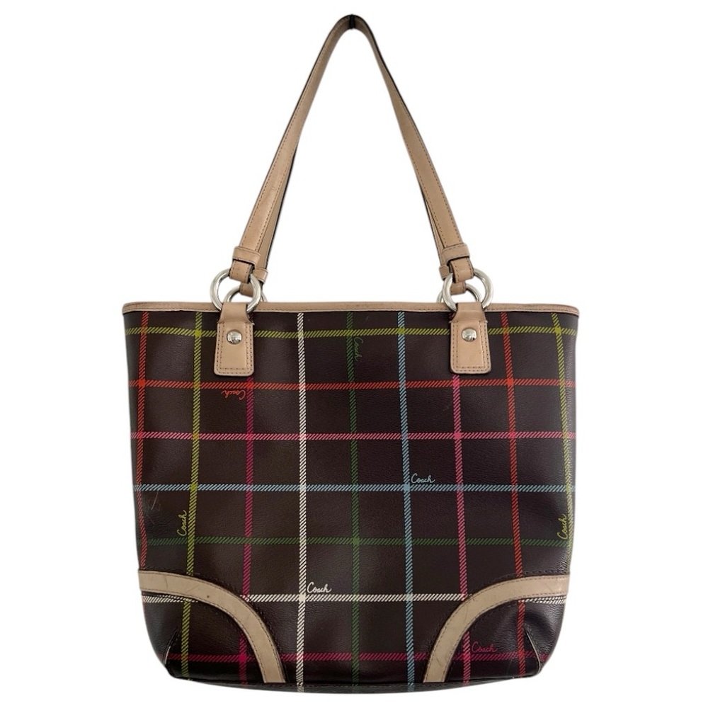 Coach Peyton Tattersall Leather Plaid F24389 Tote Shoulder Bag Multicolor - Picture 2 of 14